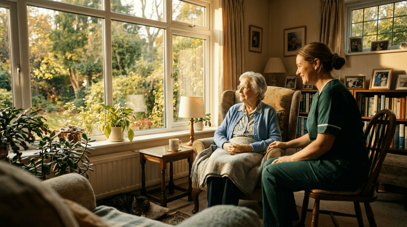 A caregiver sitting with an elderly woman by a sunlit window at home
