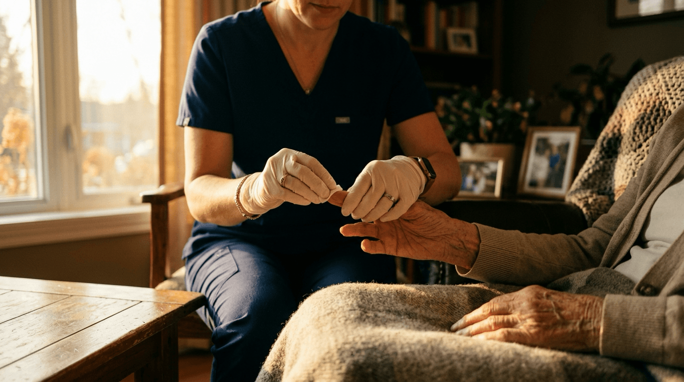 A home-care nurse gently preparing an elderly patient's fingertip for a capillary blood test in warm afternoon light