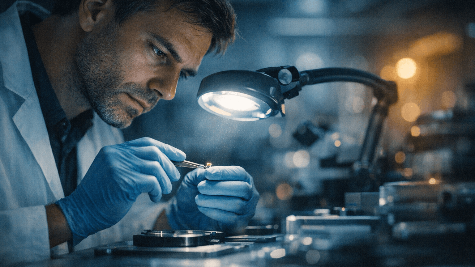 A biomedical engineer inspecting a microsampling component in a modern R&D laboratory